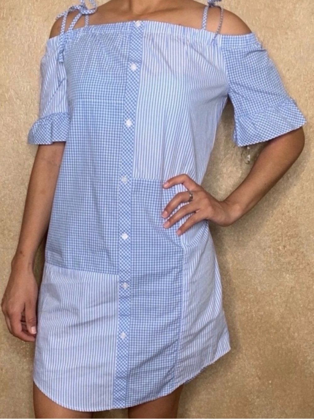 Off-Shoulder Stripe & Gingham Shift Mini Dress | Blue & White | Size XSmall